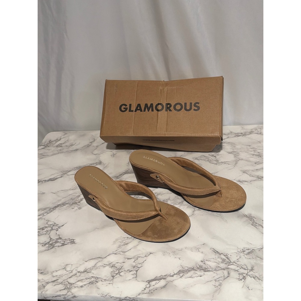 Glamorous Womens Neutral Faux Suede Thong Wedge Sandals FW16286 Size 9